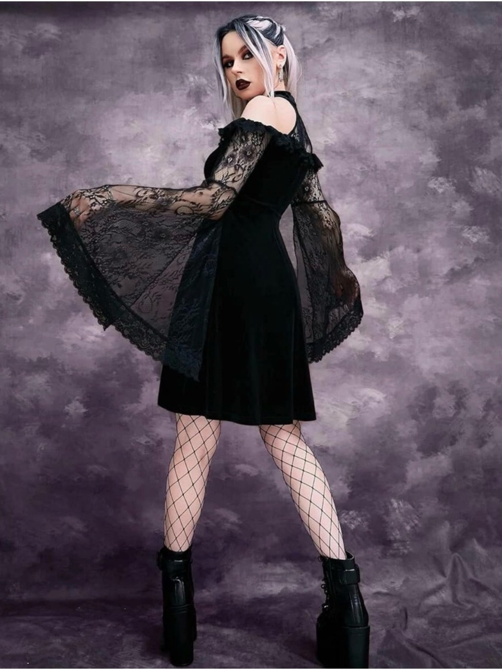 NWT Gothic Velvet and Lace Split Sleeve Cold Shoulder Mesh Dress Black Medium - Picture 3 of 11